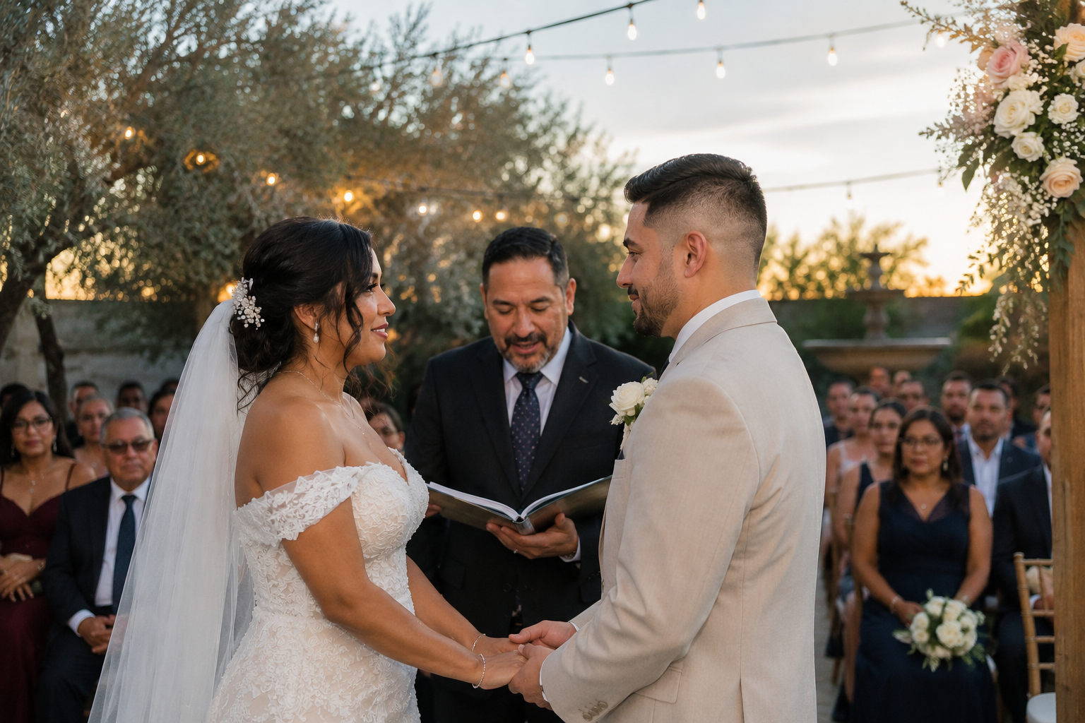 Couple holding hands during a garden ceremony
