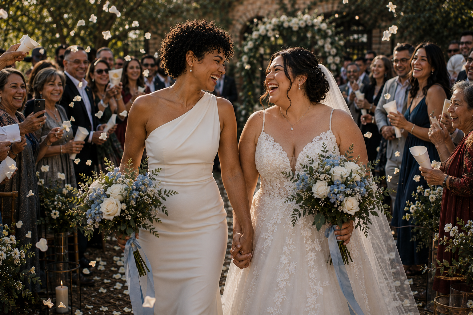 Two brides laughing together after their ceremony