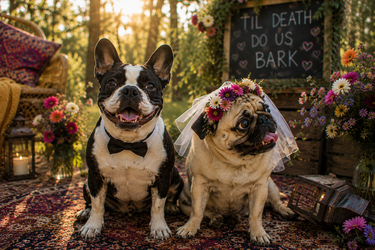 Two pets dressed for a wedding ceremony