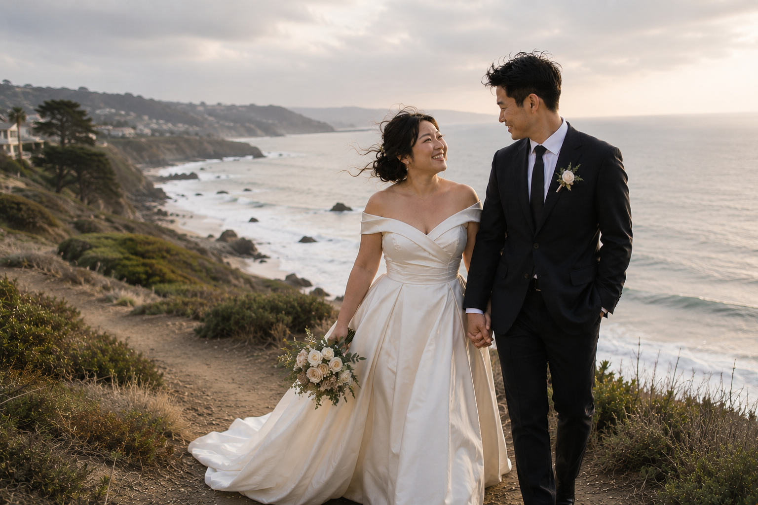 Couple walking together along a coastal cliff