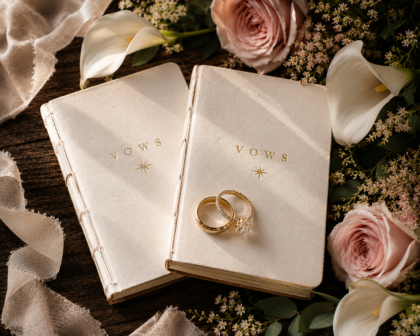 Two cream vow books with star emblems beside gold wedding rings
